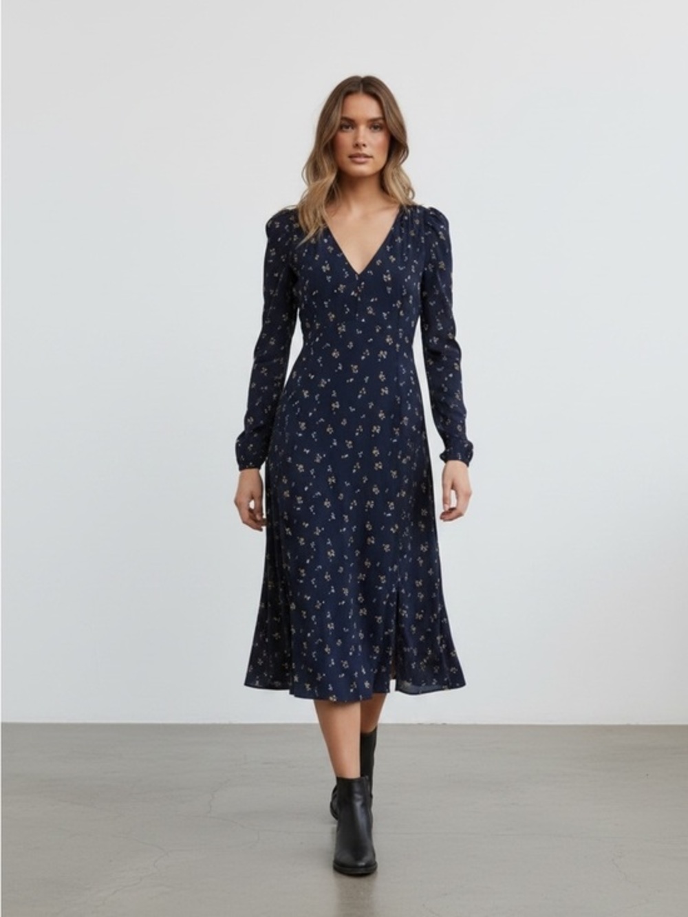 Navy blue floral print dress
